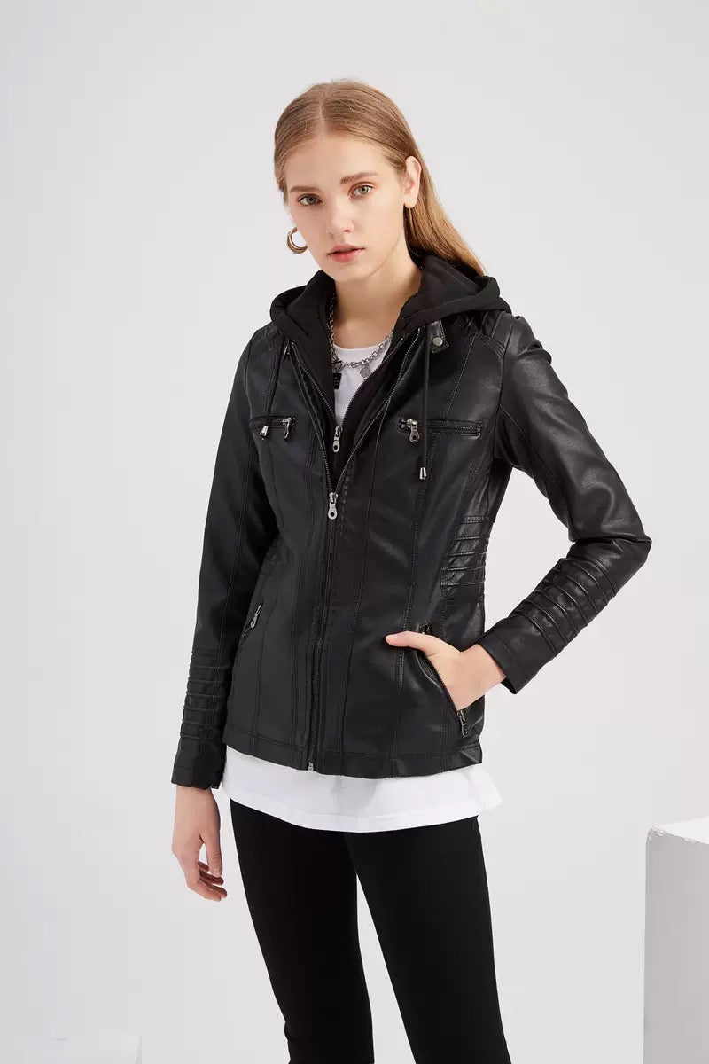 Faux Leather Hooded Zip-Up Jacket-Jackets-Krush Kandy, Women's Online Fashion Boutique Located in Phoenix, Arizona (Scottsdale Area)