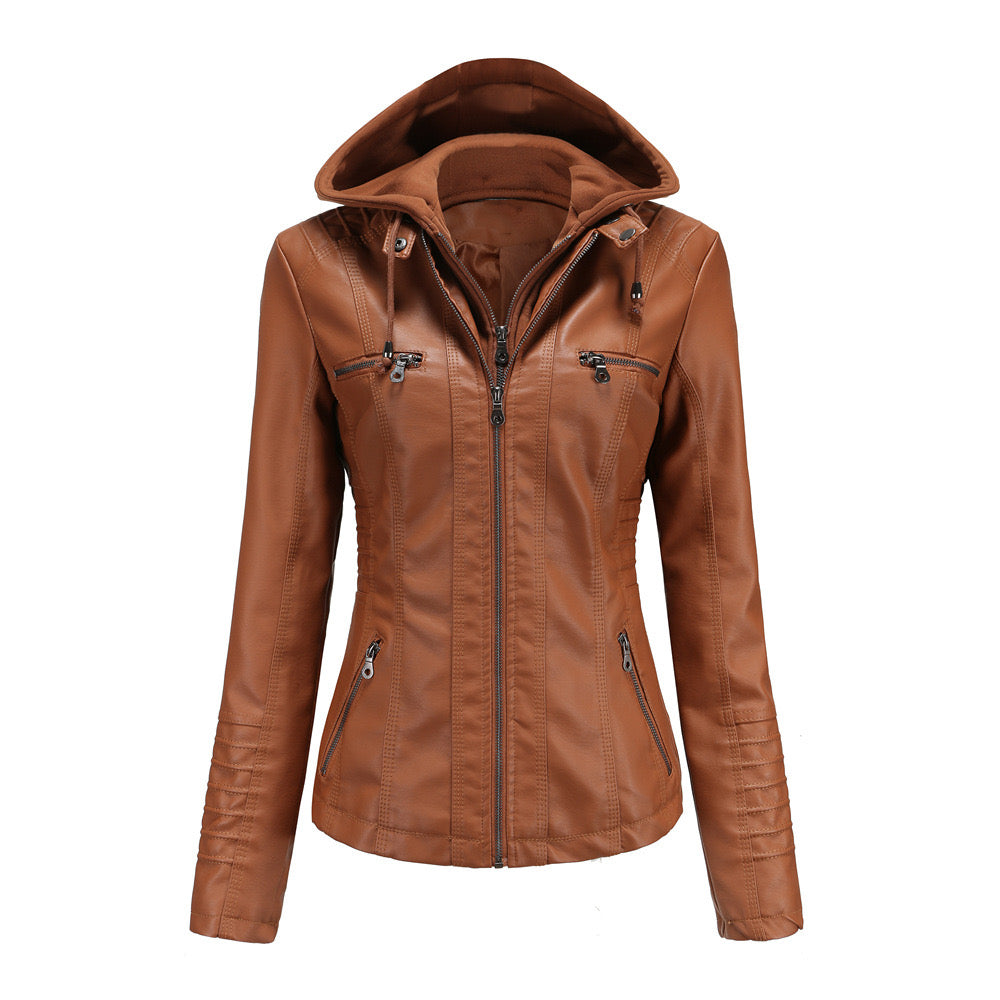 Faux Leather Hooded Zip-Up Jacket-Jackets-Krush Kandy, Women's Online Fashion Boutique Located in Phoenix, Arizona (Scottsdale Area)
