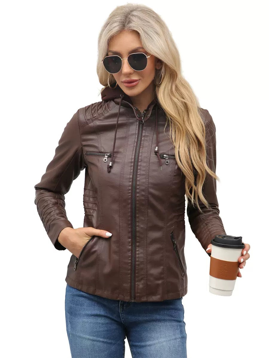 Faux Leather Hooded Zip-Up Jacket-Jackets-Krush Kandy, Women's Online Fashion Boutique Located in Phoenix, Arizona (Scottsdale Area)