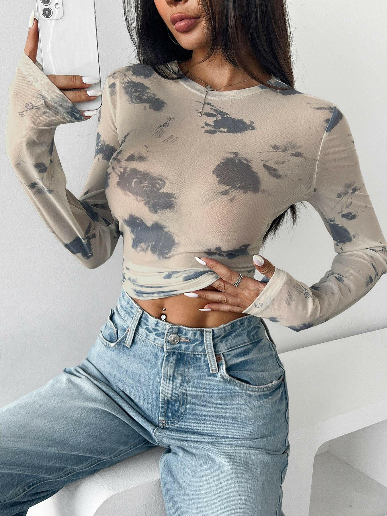 Cloud Wash Mesh Long Sleeve Top-Tops-Krush Kandy, Women's Online Fashion Boutique Located in Phoenix, Arizona (Scottsdale Area)