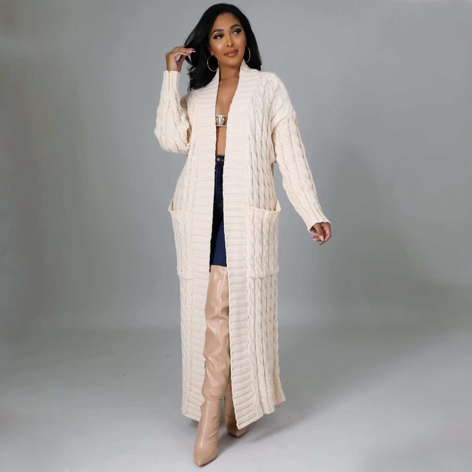 Set The Tone Open Long Knit Pocket Cardigan-Cardigans-Krush Kandy, Women's Online Fashion Boutique Located in Phoenix, Arizona (Scottsdale Area)