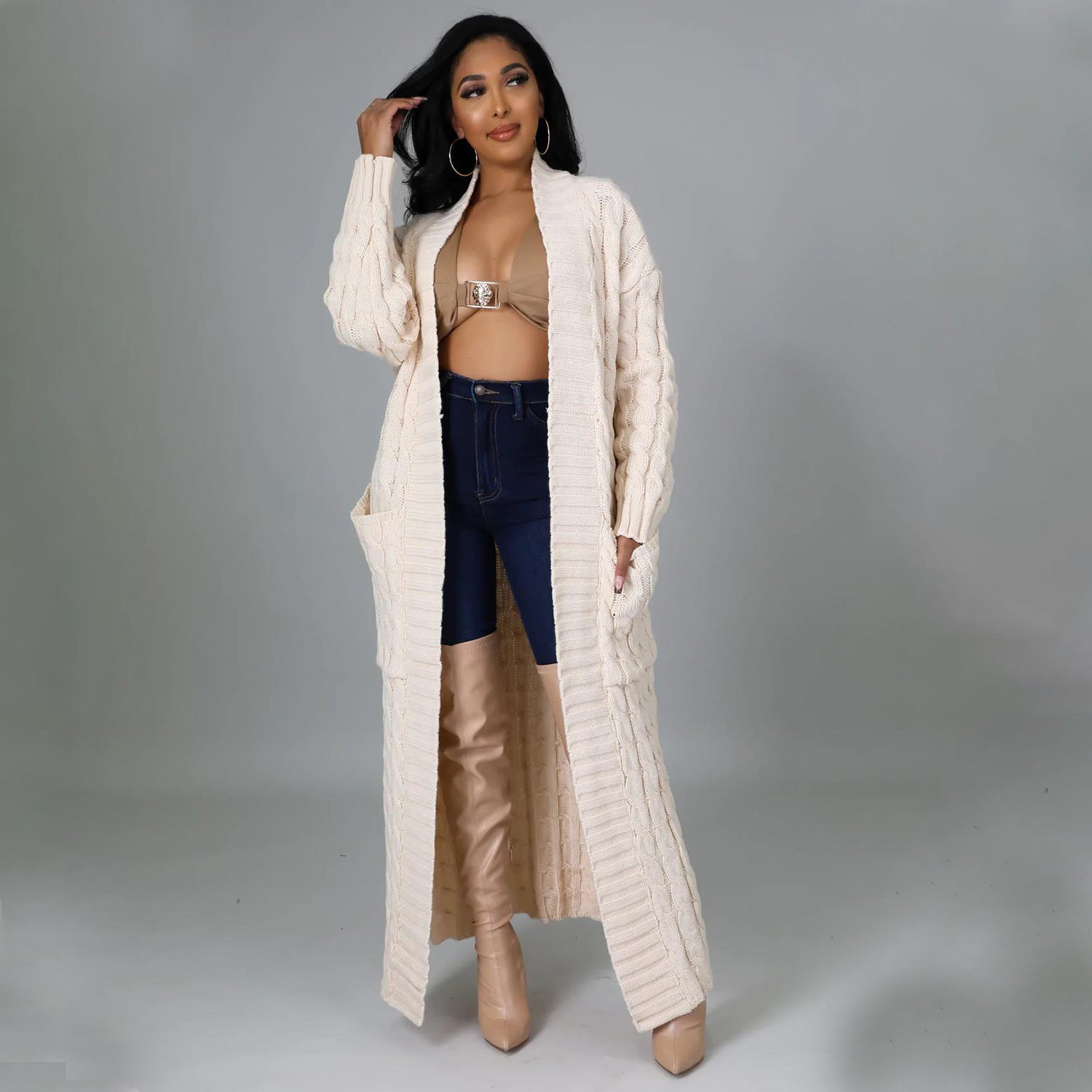 Set The Tone Open Long Knit Pocket Cardigan-Cardigans-Krush Kandy, Women's Online Fashion Boutique Located in Phoenix, Arizona (Scottsdale Area)