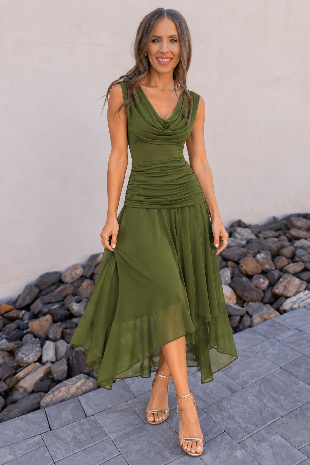 Olive Green Dress Against Stucco.png