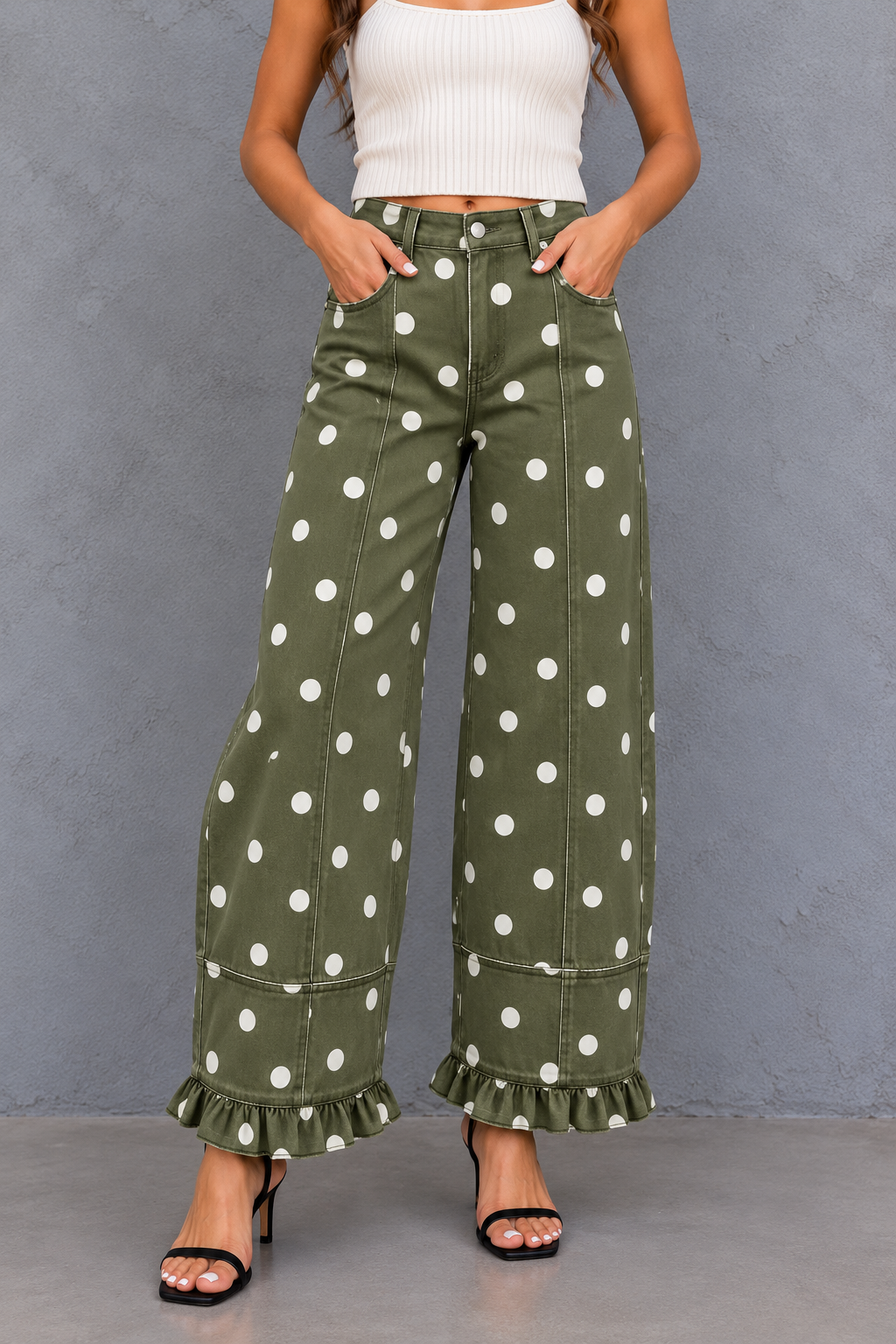 Olive Polka-Dot Ruffle-Hem Pants.png