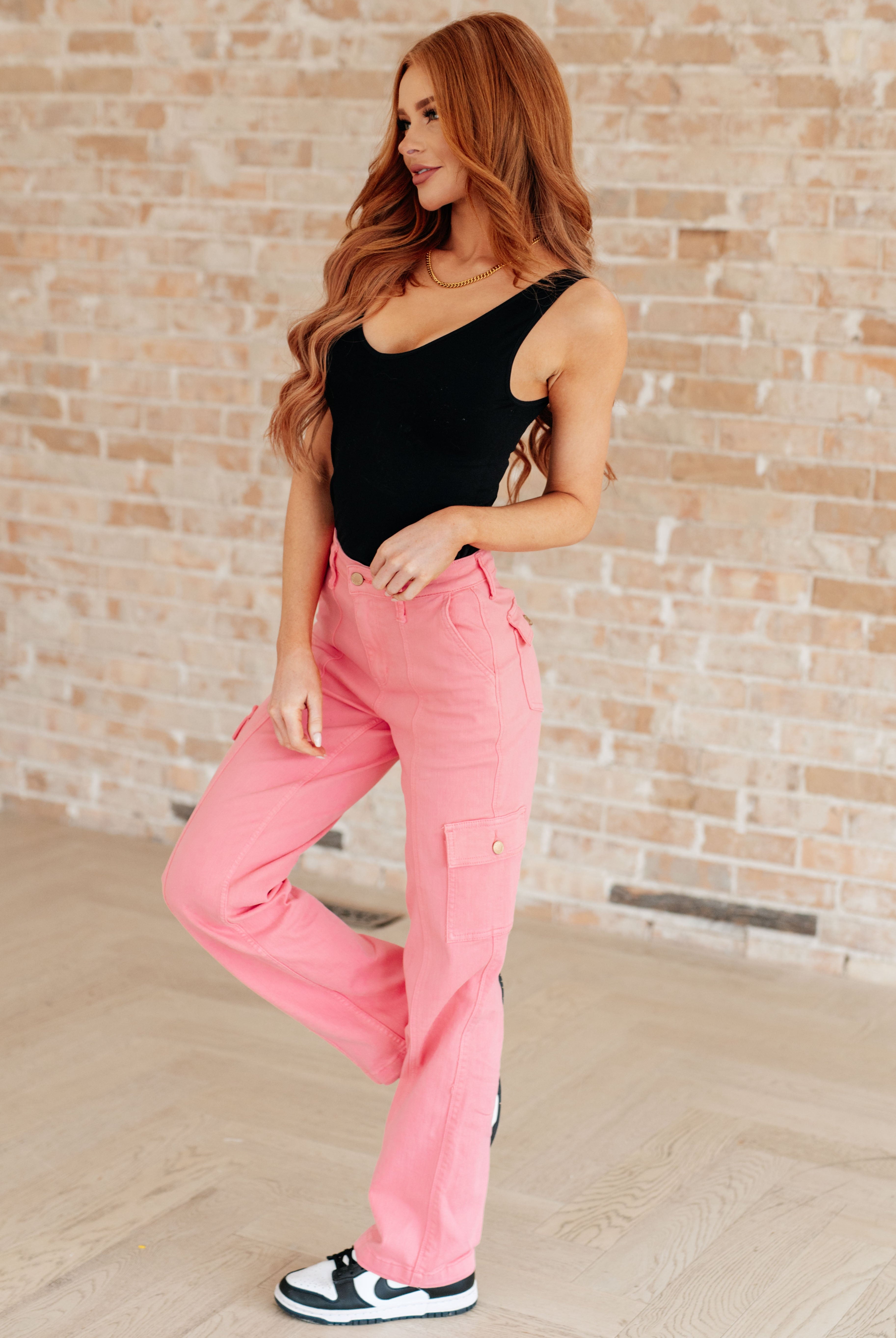 JUDY BLUE Peggy High Rise Cargo Straight Jeans in Pink-Jeans-Krush Kandy, Women's Online Fashion Boutique Located in Phoenix, Arizona (Scottsdale Area)