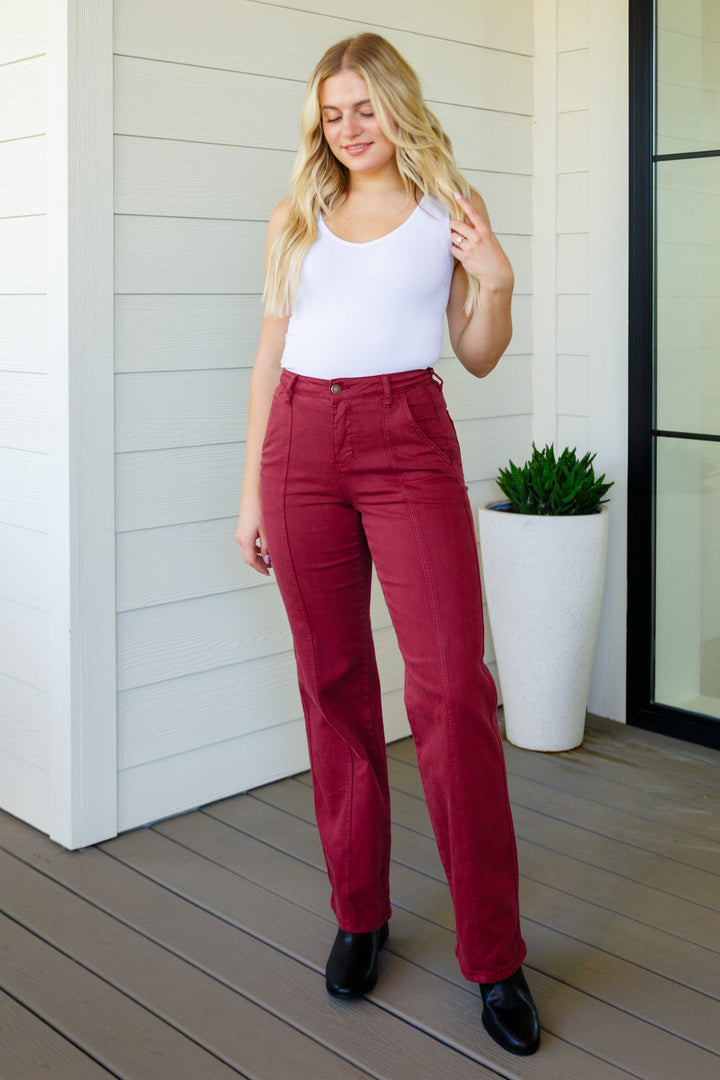 Judy Blue Phoebe High Rise Front Seam Straight Jeans in Burgundy-Jeans-Krush Kandy, Women's Online Fashion Boutique Located in Phoenix, Arizona (Scottsdale Area)
