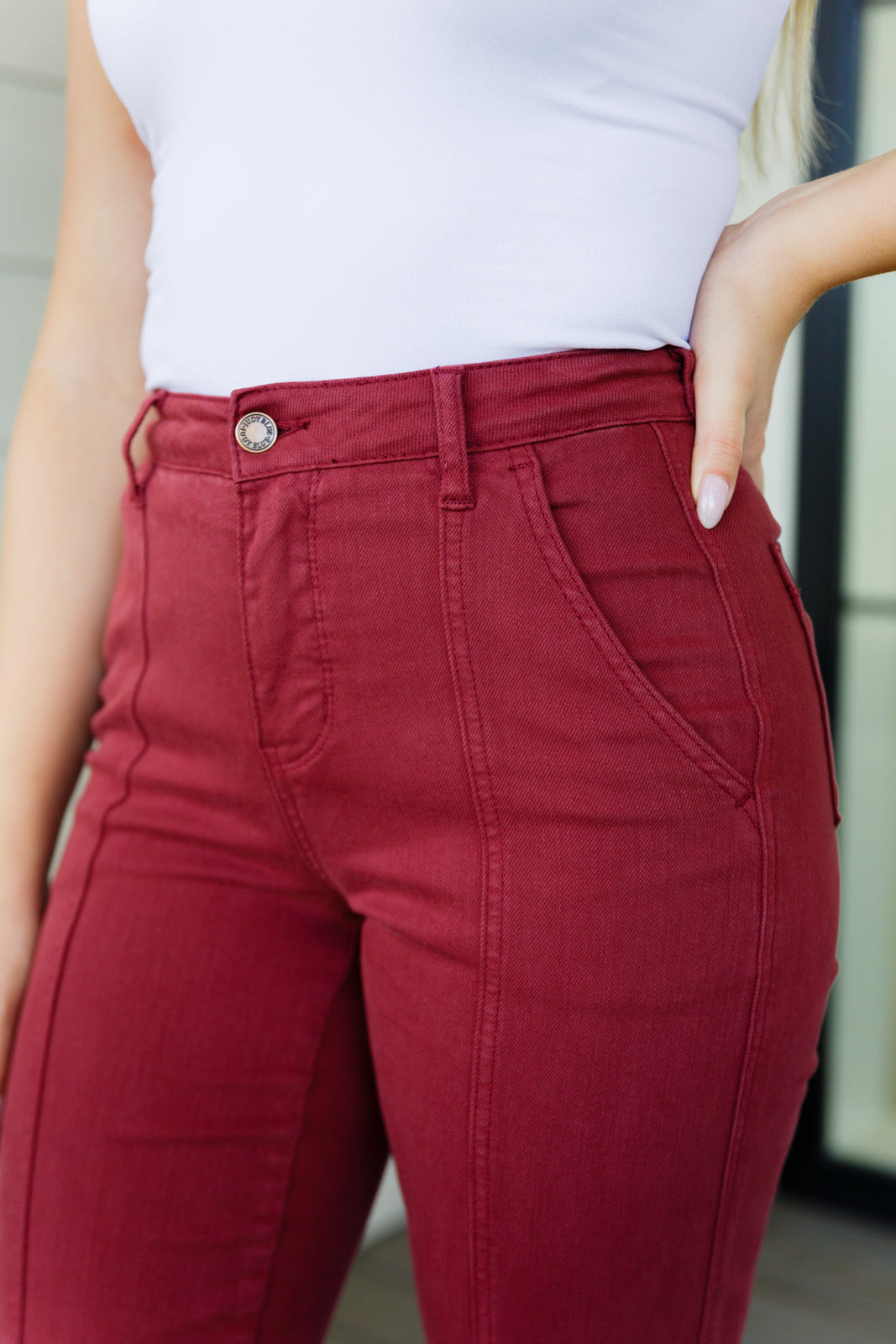 Judy Blue Phoebe High Rise Front Seam Straight Jeans in Burgundy-Jeans-Krush Kandy, Women's Online Fashion Boutique Located in Phoenix, Arizona (Scottsdale Area)