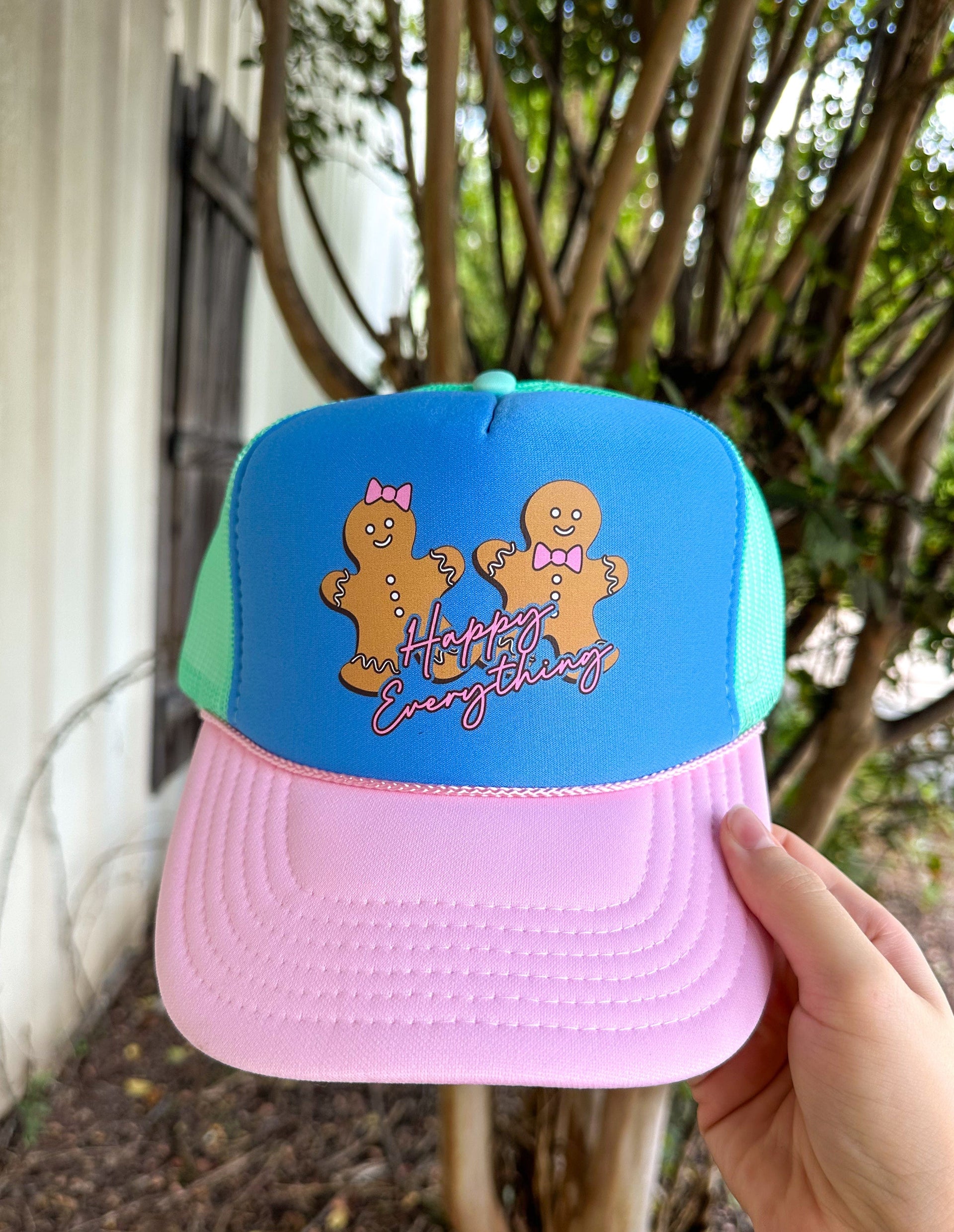 Happy Everything Gingerbread Multi Trucker Hat (Carolina Blue)-hat-Krush Kandy, Women's Online Fashion Boutique Located in Phoenix, Arizona (Scottsdale Area)