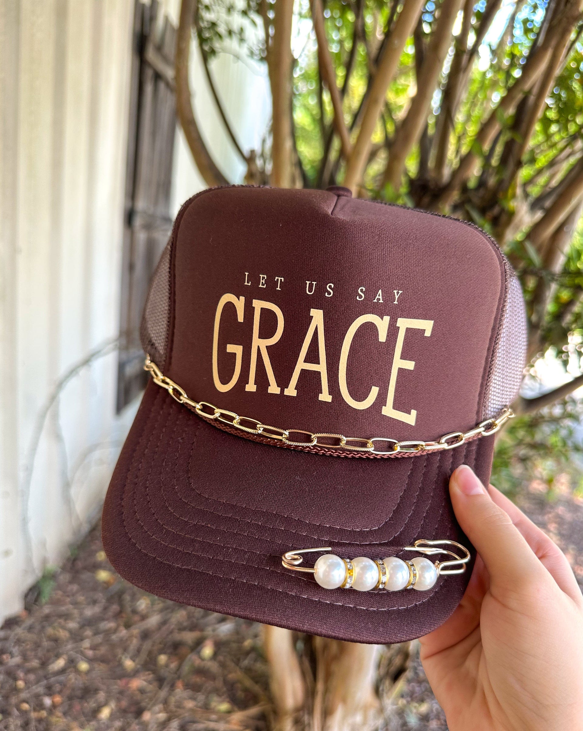 Let Us Say GRACE Dark Brown Trucker-hat-Krush Kandy, Women's Online Fashion Boutique Located in Phoenix, Arizona (Scottsdale Area)