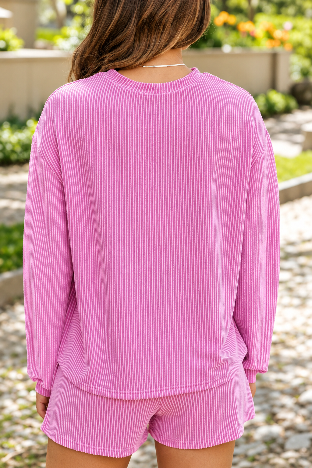 Pink Ribbed Lounge Set in Blooming Garden.png