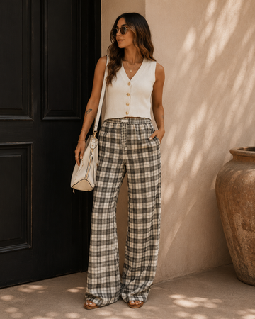 Plaid Wide-Leg Lounge Pants – Relaxed Cotton-Viscose Trousers