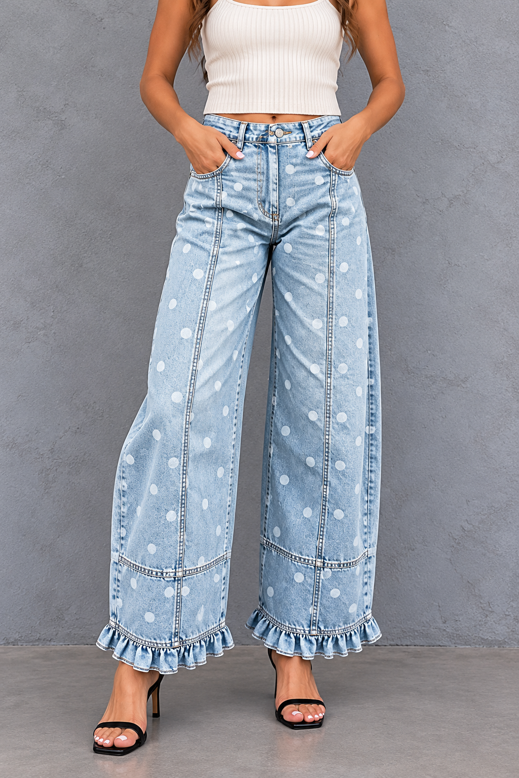 Polka Dot Ruffle-Hem Jeans Studio Look.png