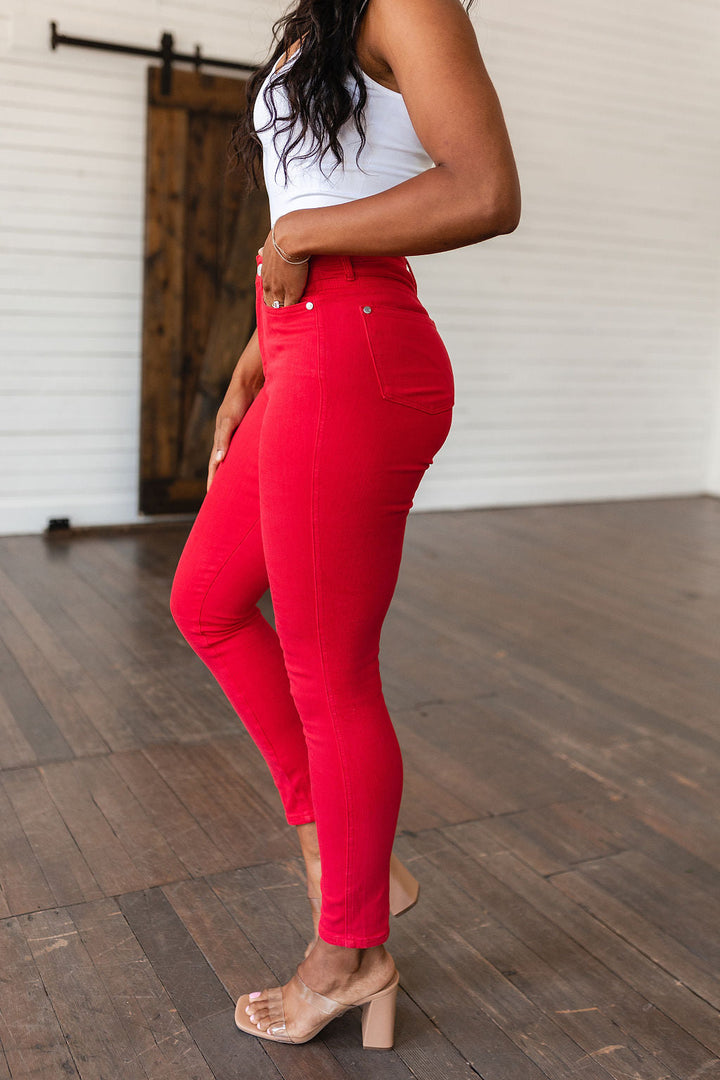Judy Blue Ruby High Rise Control Top Garment Dyed Skinny Jeans in Red-Jeans-Krush Kandy, Women's Online Fashion Boutique Located in Phoenix, Arizona (Scottsdale Area)