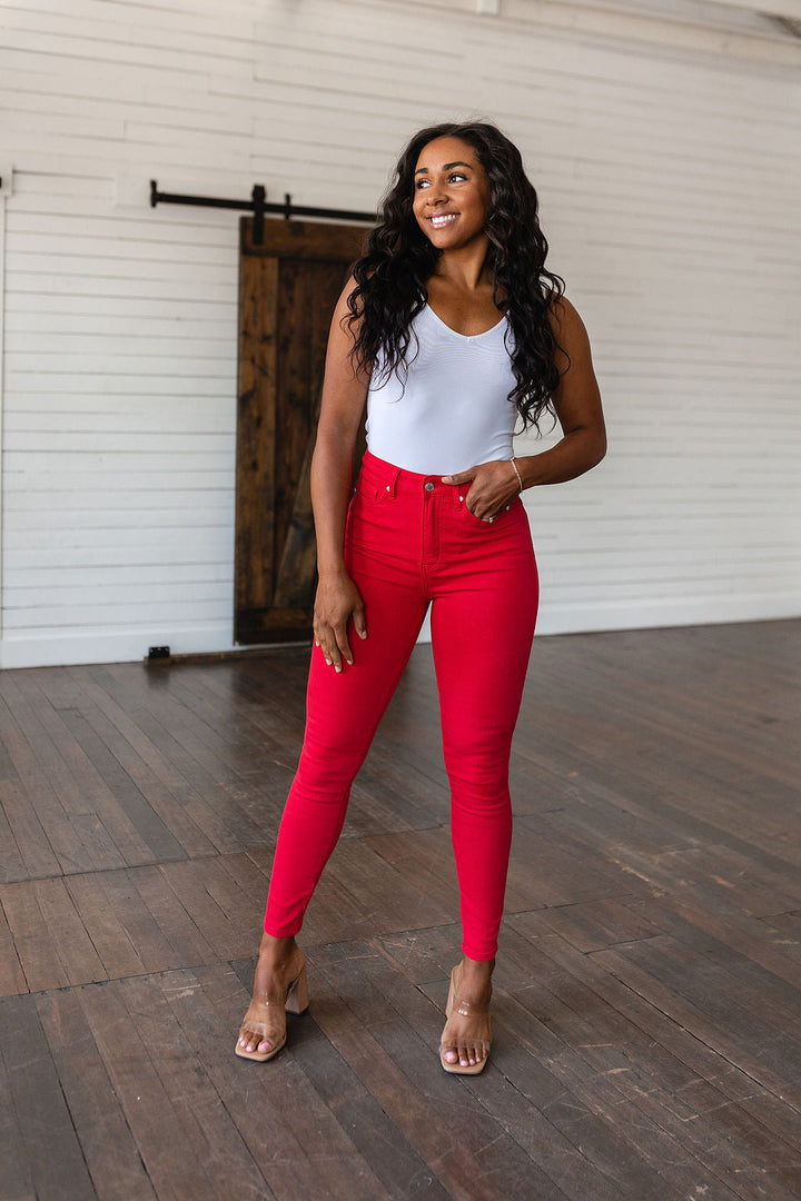 Judy Blue Ruby High Rise Control Top Garment Dyed Skinny Jeans in Red-Jeans-Krush Kandy, Women's Online Fashion Boutique Located in Phoenix, Arizona (Scottsdale Area)