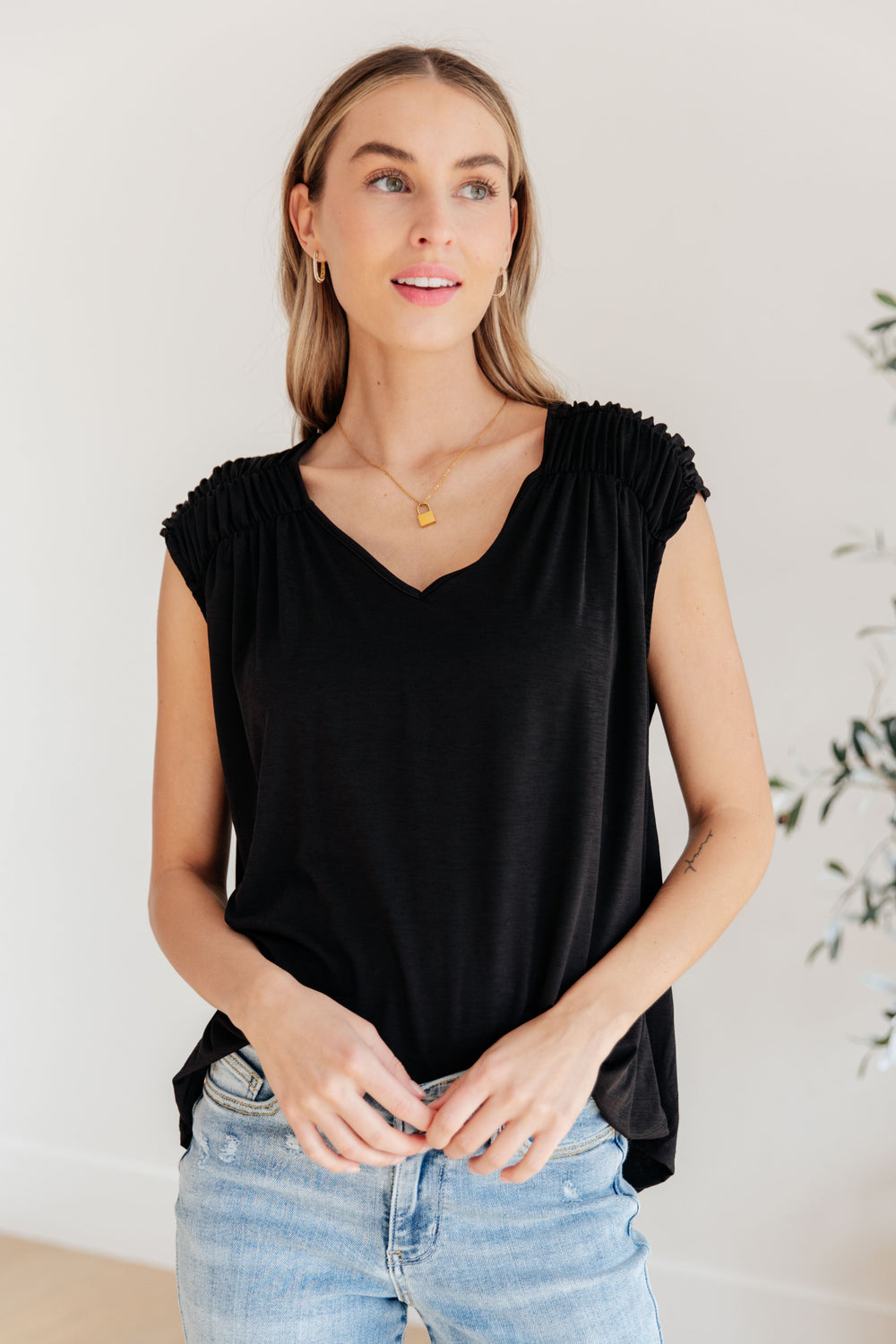 Ruched Cap Sleeve Top in Black-Short Sleeve Tops-Krush Kandy, Women's Online Fashion Boutique Located in Phoenix, Arizona (Scottsdale Area)