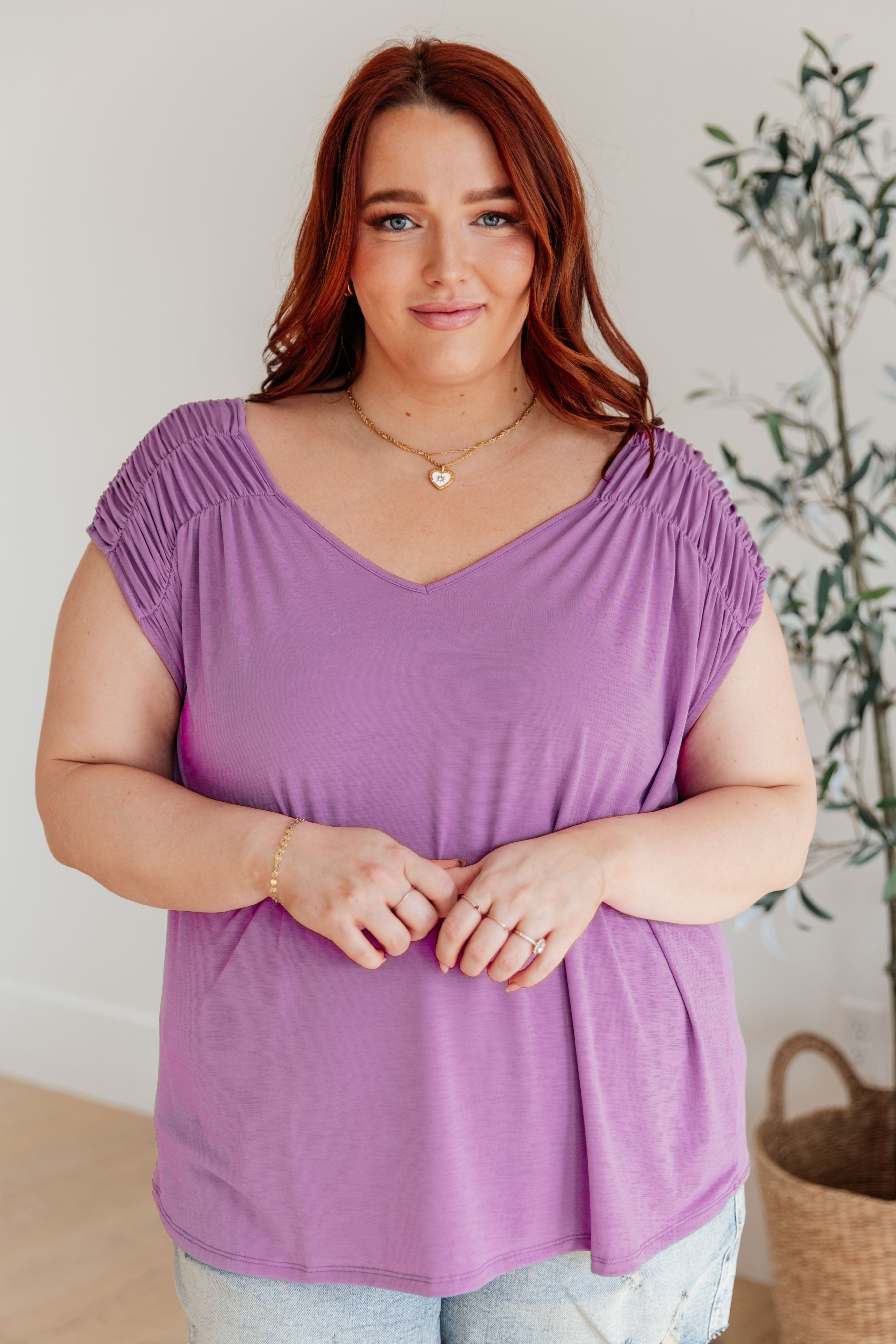 Ruched Cap Sleeve Top in Lavender-Short Sleeve Tops-Krush Kandy, Women's Online Fashion Boutique Located in Phoenix, Arizona (Scottsdale Area)