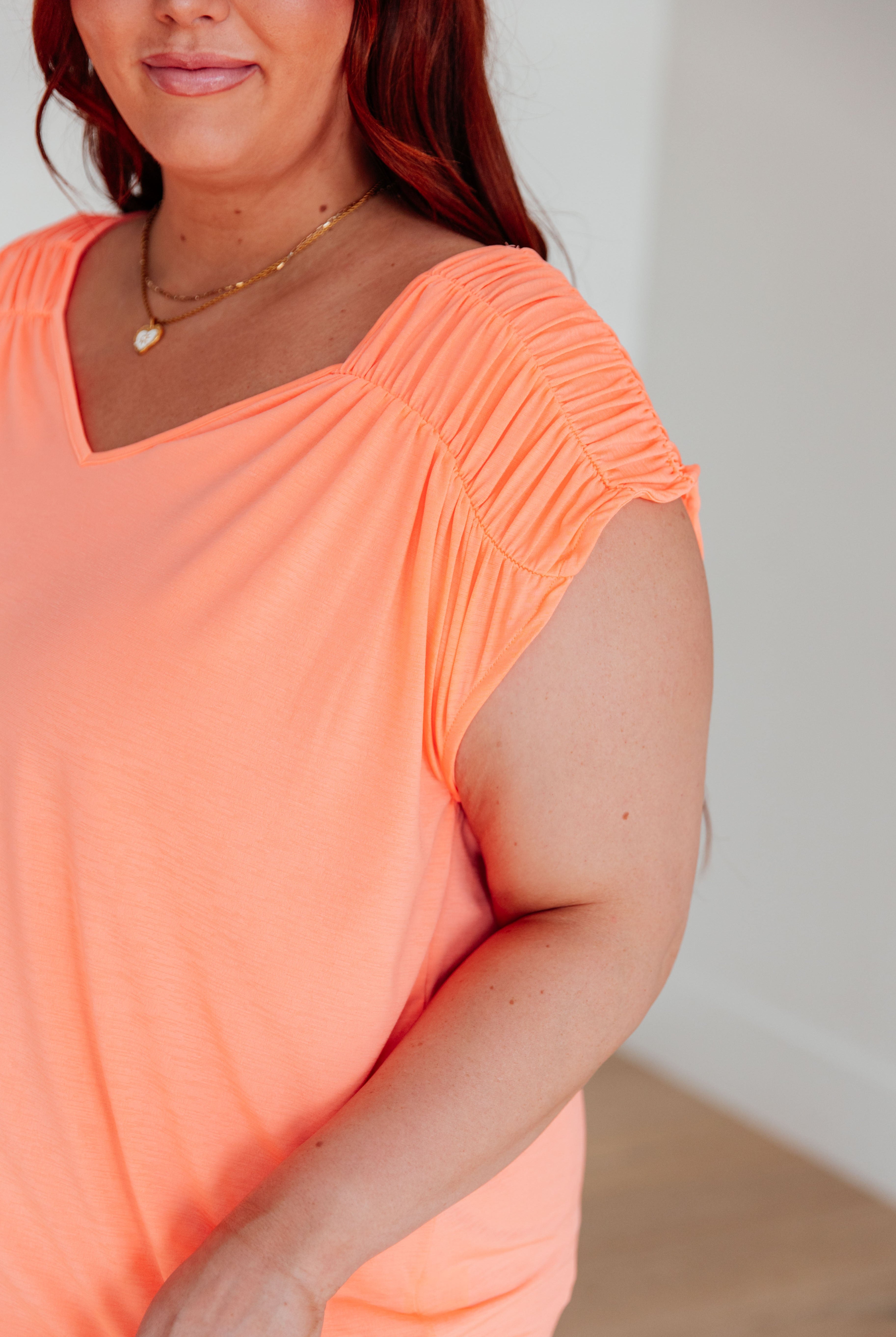 Ruched Cap Sleeve Top in Neon Orange-Short Sleeve Tops-Krush Kandy, Women's Online Fashion Boutique Located in Phoenix, Arizona (Scottsdale Area)