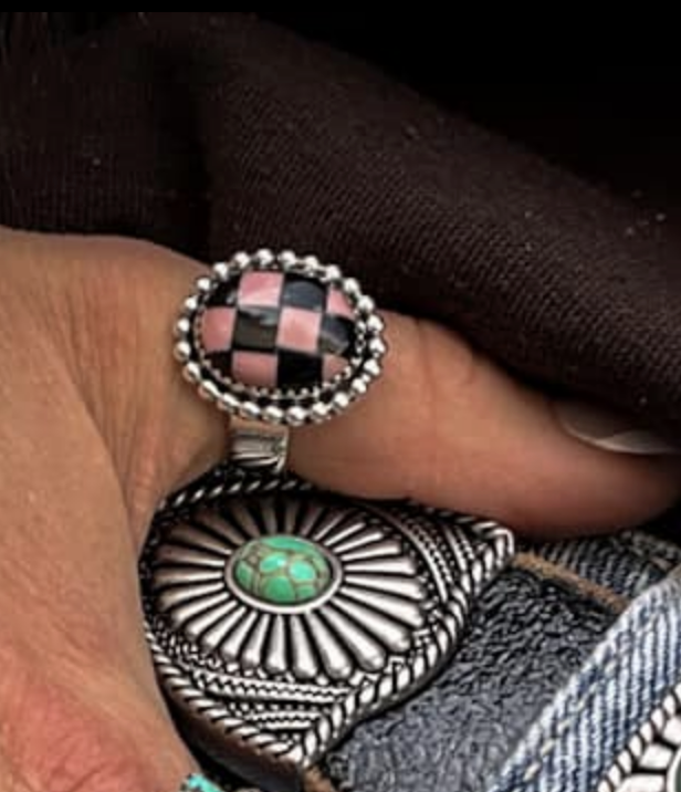 Pink & Black Checkered Print Sterling Silver Ring PREORDER-Rings-Krush Kandy, Women's Online Fashion Boutique Located in Phoenix, Arizona (Scottsdale Area)