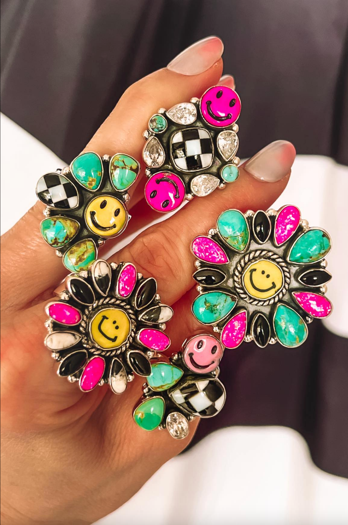 Happy Days Smiley Checkered Stone Rings-Cluster Rings-Krush Kandy, Women's Online Fashion Boutique Located in Phoenix, Arizona (Scottsdale Area)