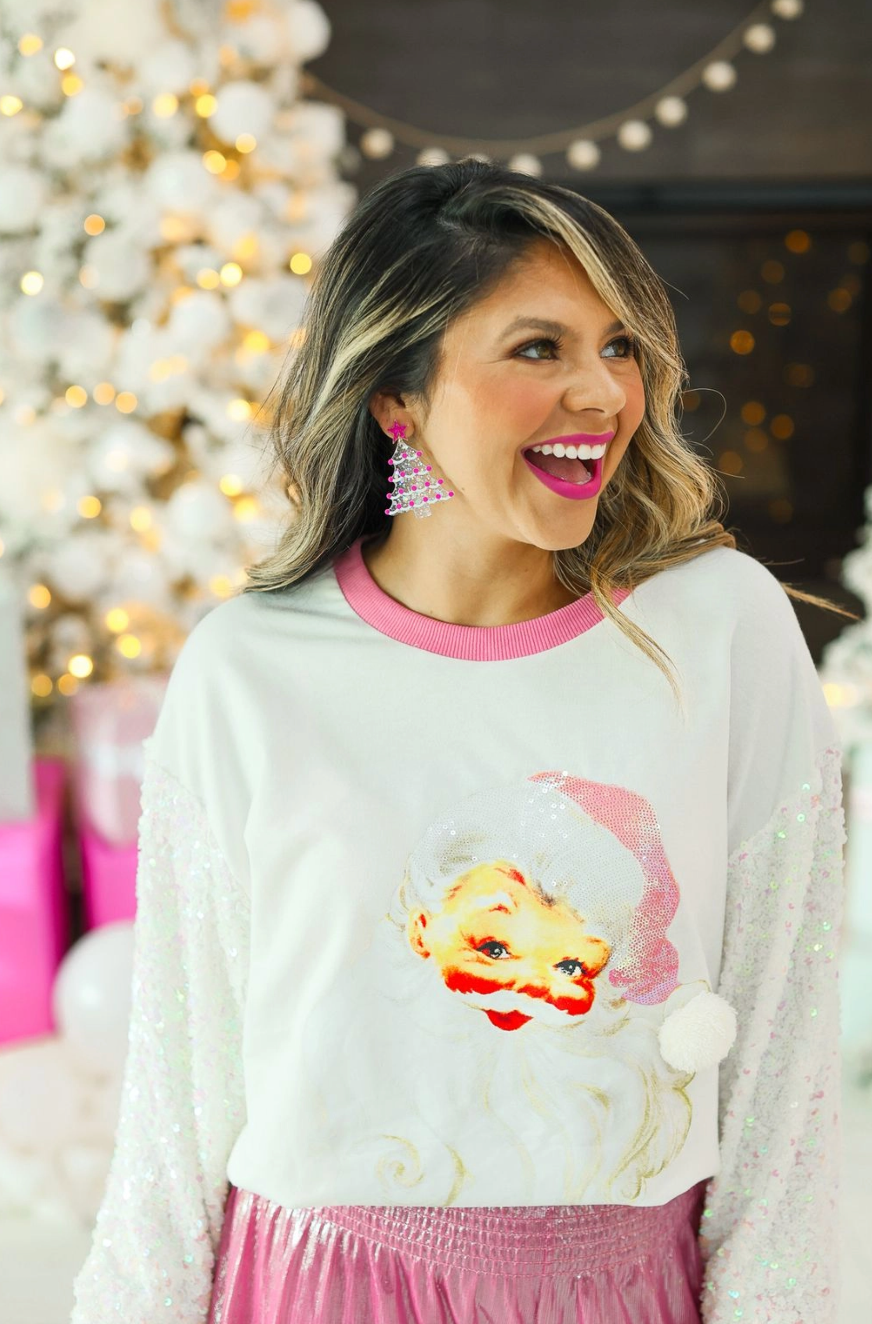 Santa Claus White Sweater with Sequins Sleeve-Tops-Krush Kandy, Women's Online Fashion Boutique Located in Phoenix, Arizona (Scottsdale Area)