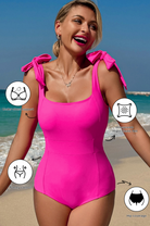 Pink Square Neck Knotted Shoulder Open Back One Piece Swimsuit-Krush Kandy, Women's Online Fashion Boutique Located in Phoenix, Arizona (Scottsdale Area)