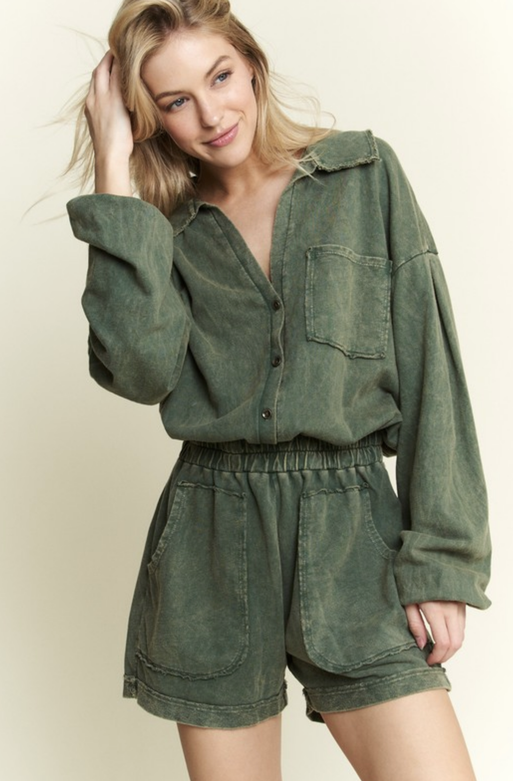 Mineral Washlong sleeve romper-Jumpsuits & Rompers-Krush Kandy, Women's Online Fashion Boutique Located in Phoenix, Arizona (Scottsdale Area)