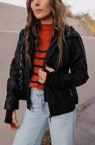 Hooded Lined Vegan Leather Moto Jacket with Thumbholes-Jackets-Krush Kandy, Women's Online Fashion Boutique Located in Phoenix, Arizona (Scottsdale Area)