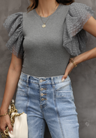 Dotty Mesh Ruffle Sleeve Ribbed Knit Top-Short Sleeve Tops-Krush Kandy, Women's Online Fashion Boutique Located in Phoenix, Arizona (Scottsdale Area)