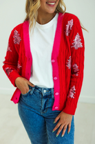 Red Pink Sequin Trees Cardigan S-3X-Cardigans-Krush Kandy, Women's Online Fashion Boutique Located in Phoenix, Arizona (Scottsdale Area)