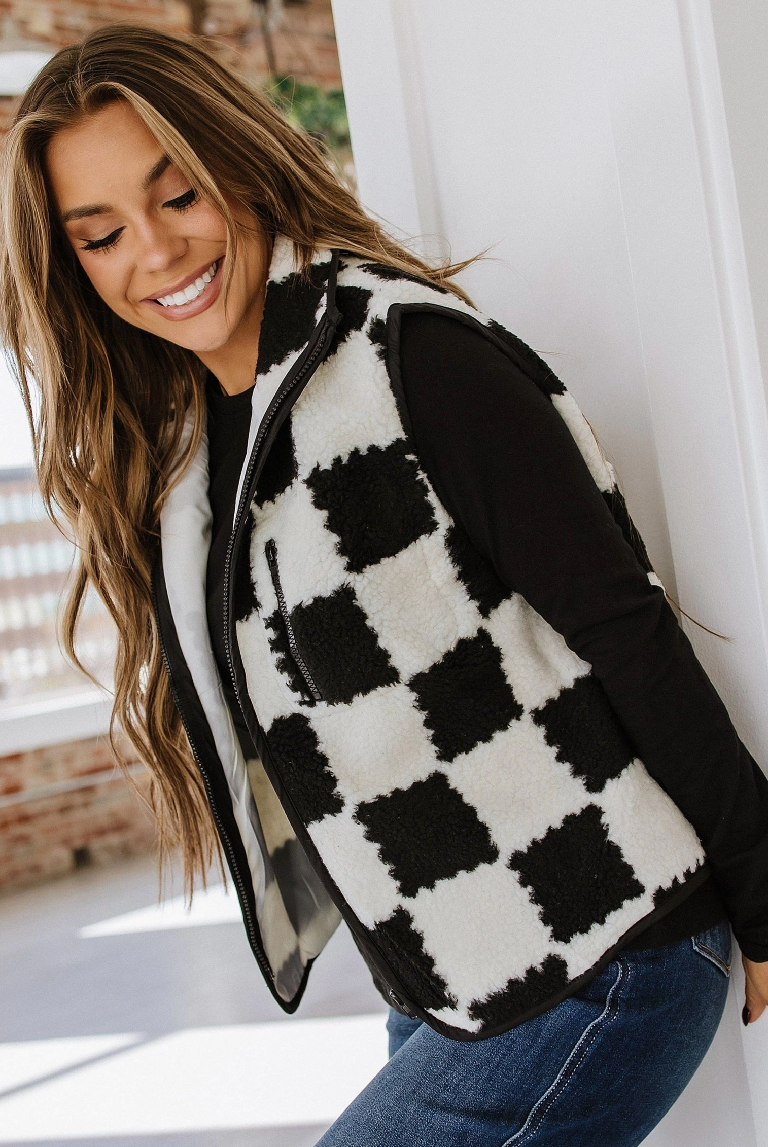 Checkered Sherpa Collared Vest-Vests-Krush Kandy, Women's Online Fashion Boutique Located in Phoenix, Arizona (Scottsdale Area)