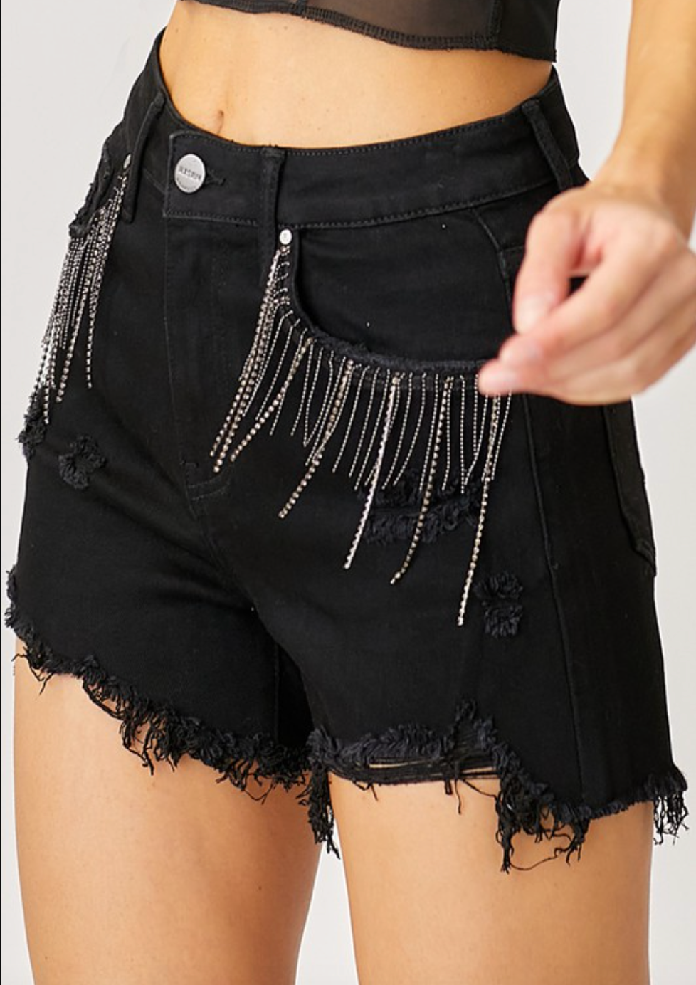 RISEN Denim & Diamonds High Rise Rhinestone Shorts-Shorts-Krush Kandy, Women's Online Fashion Boutique Located in Phoenix, Arizona (Scottsdale Area)