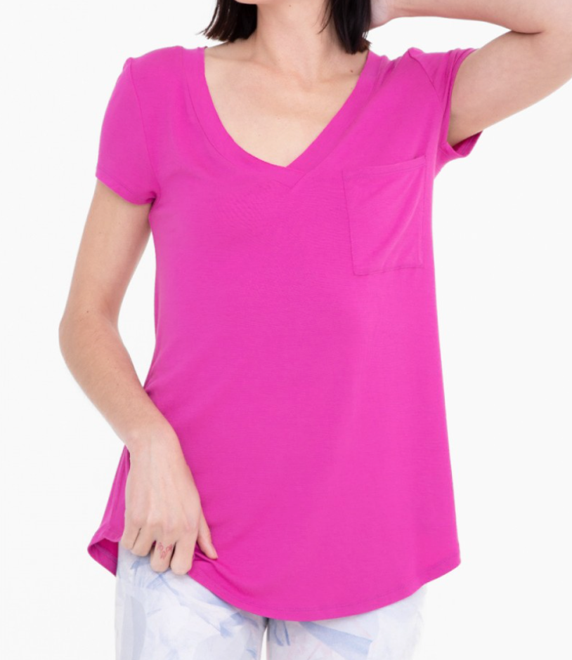 MONO B Forever Loved Long Line Deep V-Neck Pocket Shirt | S-3X, Multiple Colors-Short Sleeve Tops-Krush Kandy, Women's Online Fashion Boutique Located in Phoenix, Arizona (Scottsdale Area)