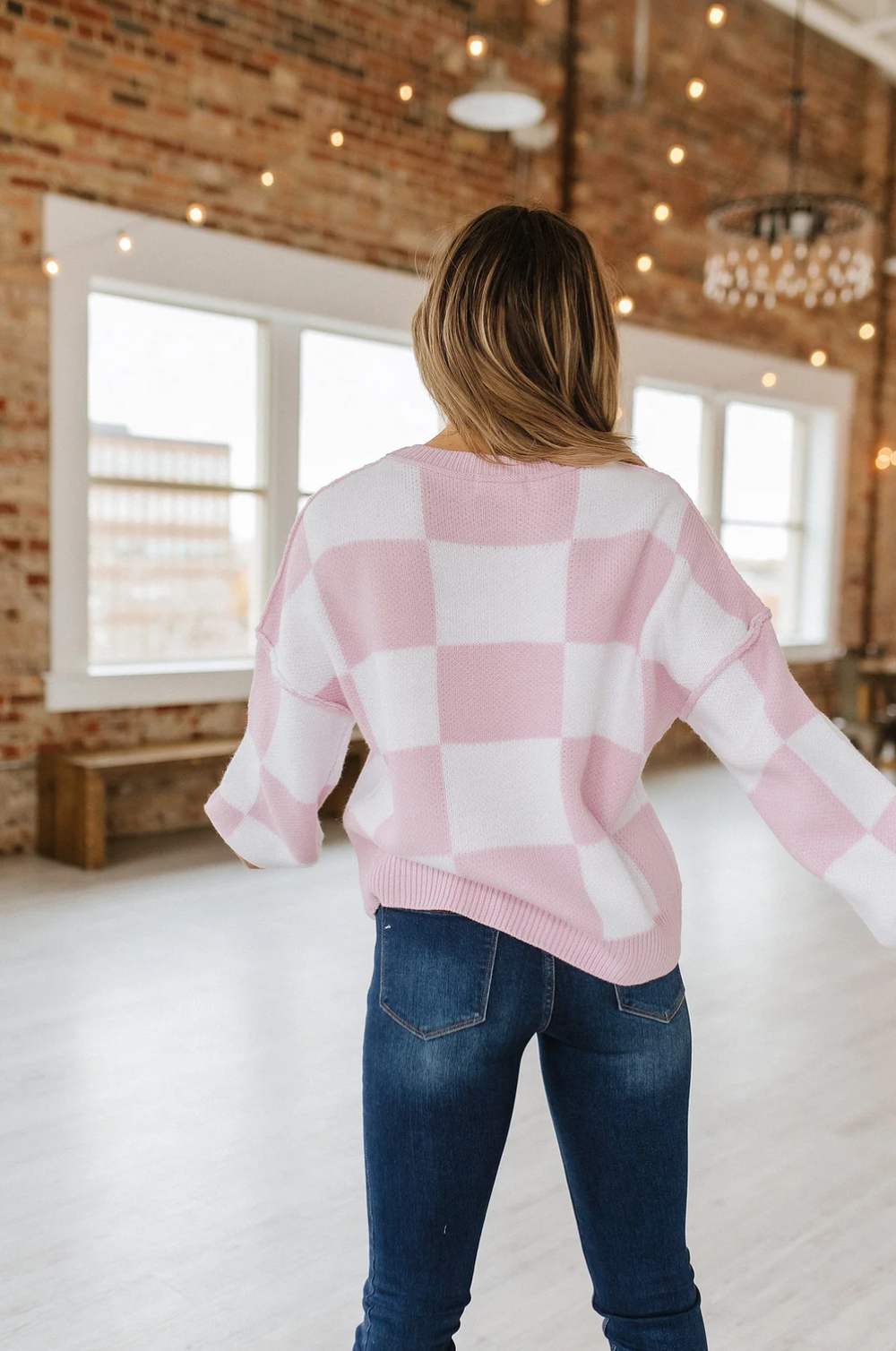 Checkered Print Bishop Sleeve Sweater | S-XL-Sweaters-Krush Kandy, Women's Online Fashion Boutique Located in Phoenix, Arizona (Scottsdale Area)