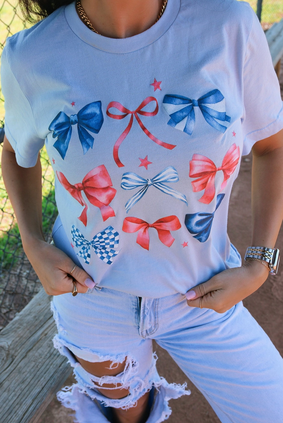 PREORDER Red White & Bows | Light Blue-Graphic Tees-Krush Kandy, Women's Online Fashion Boutique Located in Phoenix, Arizona (Scottsdale Area)