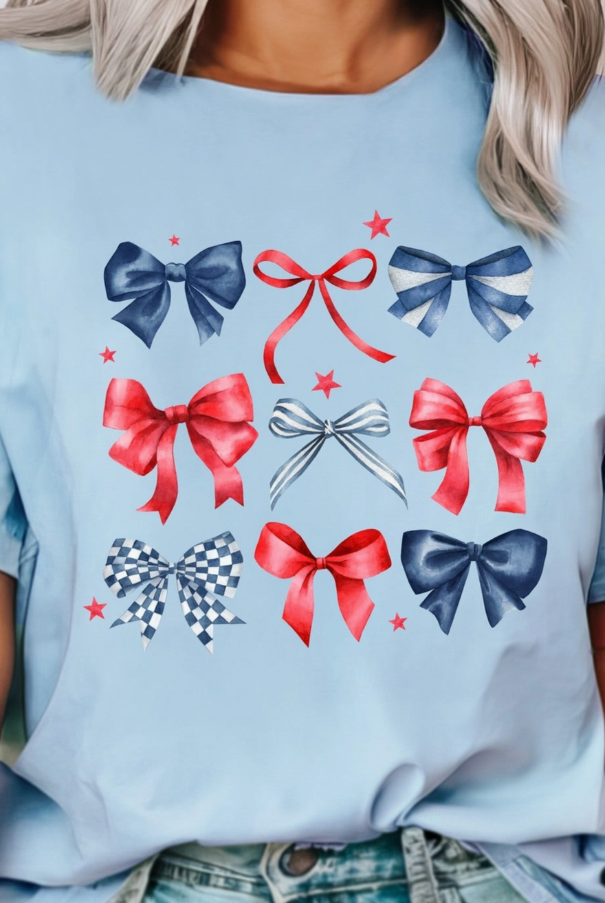 PREORDER Red White & Bows | Light Blue-Graphic Tees-Krush Kandy, Women's Online Fashion Boutique Located in Phoenix, Arizona (Scottsdale Area)