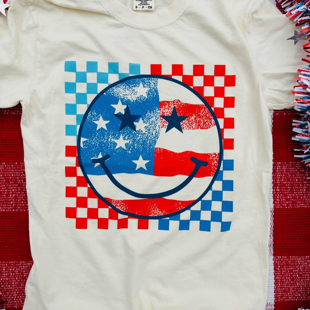 PREORDER Patriotic Smiley | Ivory | Short Sleeve-Graphic Tees-Krush Kandy, Women's Online Fashion Boutique Located in Phoenix, Arizona (Scottsdale Area)