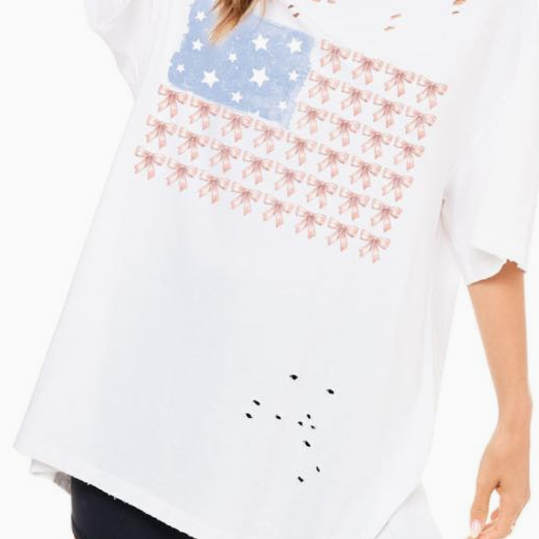 PREORDER Bow American Flag Distressed Tee-Graphic Tees-Krush Kandy, Women's Online Fashion Boutique Located in Phoenix, Arizona (Scottsdale Area)