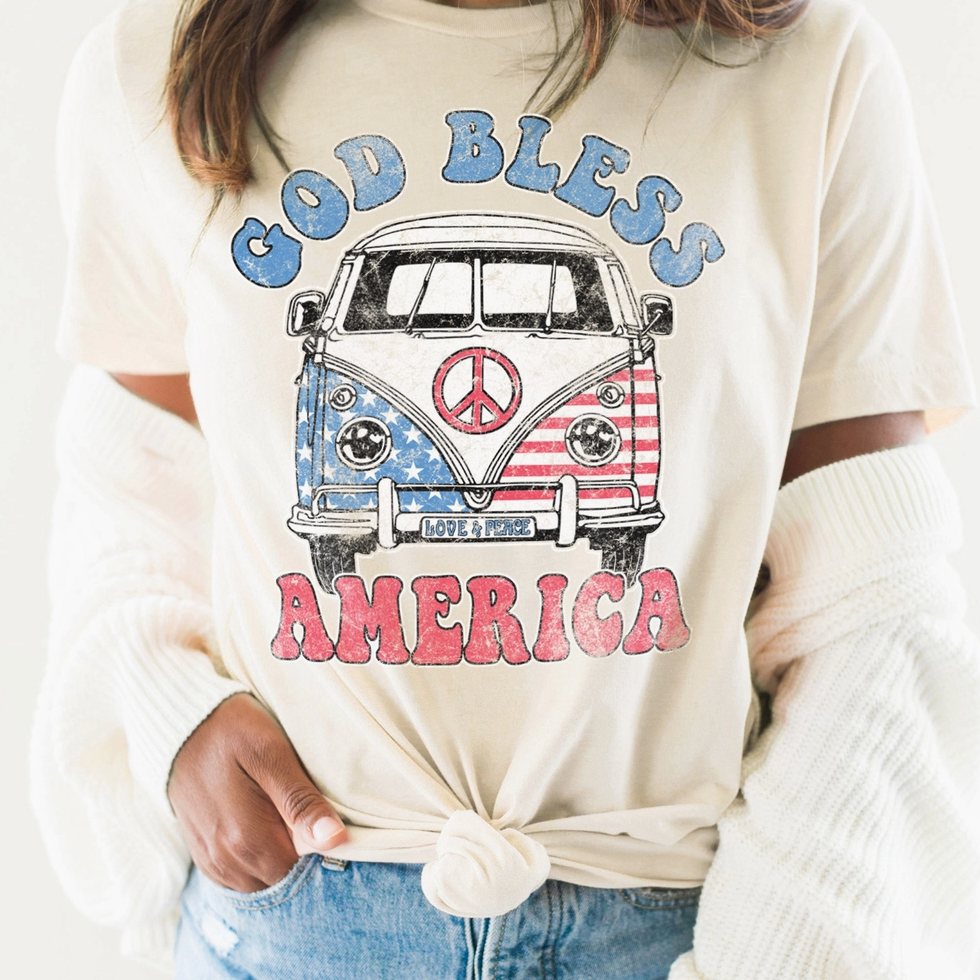 PREORDER God Bless America Hippie Bus-Graphic Tees-Krush Kandy, Women's Online Fashion Boutique Located in Phoenix, Arizona (Scottsdale Area)