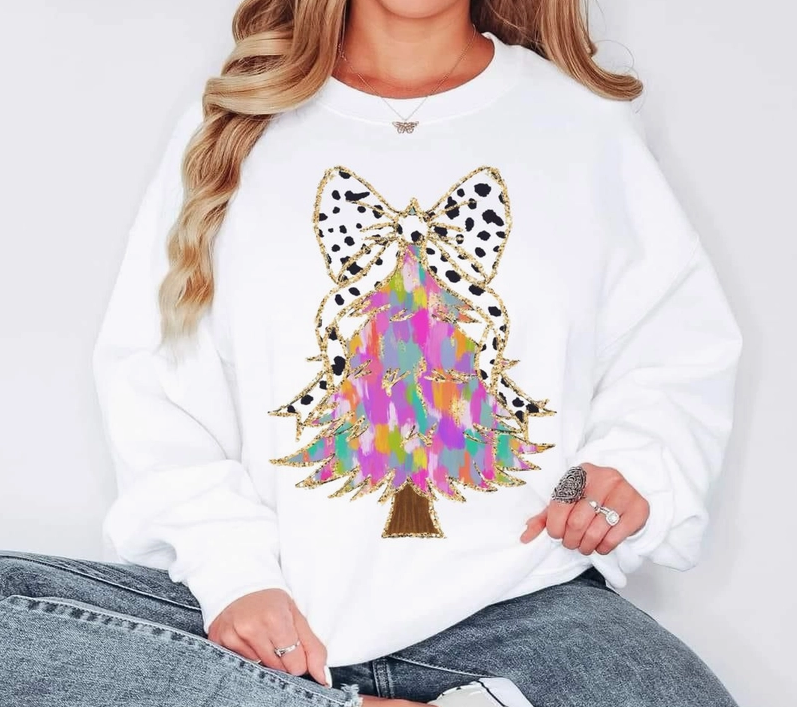 Christmas Tree Pastel Water Color Graphic Sweatshirt-Graphic Tees-Krush Kandy, Women's Online Fashion Boutique Located in Phoenix, Arizona (Scottsdale Area)