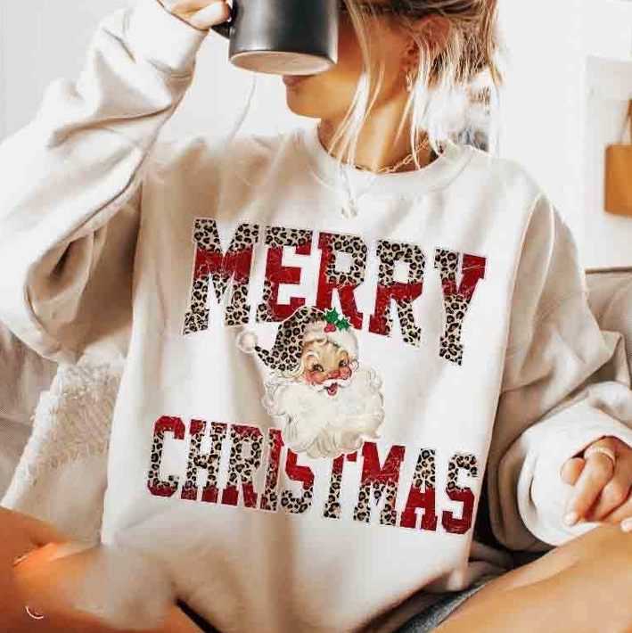 Merry Christmas Leopard Santa Graphic Sweathshirt-Graphic Tees-Krush Kandy, Women's Online Fashion Boutique Located in Phoenix, Arizona (Scottsdale Area)