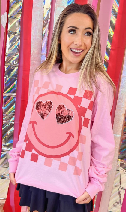 Valentine Sequin Smiley Graphic Long Sleeve Tee-Graphic Tees-Krush Kandy, Women's Online Fashion Boutique Located in Phoenix, Arizona (Scottsdale Area)