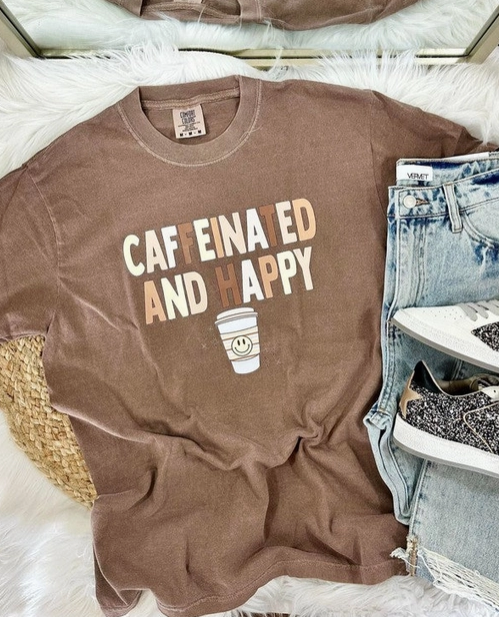 Caffeinated & Happy Graphic Tee-Graphic Tees-Krush Kandy, Women's Online Fashion Boutique Located in Phoenix, Arizona (Scottsdale Area)