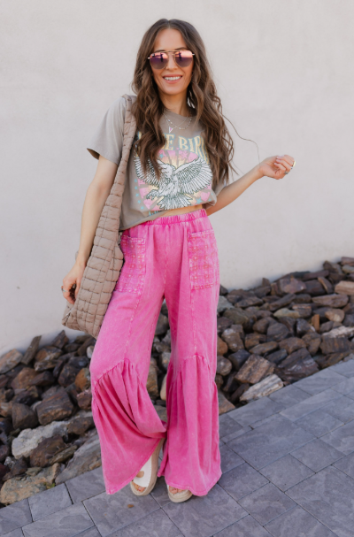 J.HER Mineral Washed Cotton Print Pocket Wide-Leg Flare Pants | S-XL-Pants-Krush Kandy, Women's Online Fashion Boutique Located in Phoenix, Arizona (Scottsdale Area)