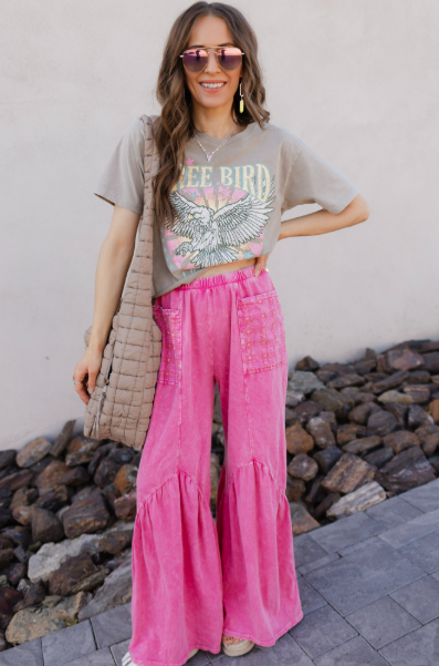 J.HER Mineral Washed Cotton Print Pocket Wide-Leg Flare Pants | S-XL-Pants-Krush Kandy, Women's Online Fashion Boutique Located in Phoenix, Arizona (Scottsdale Area)