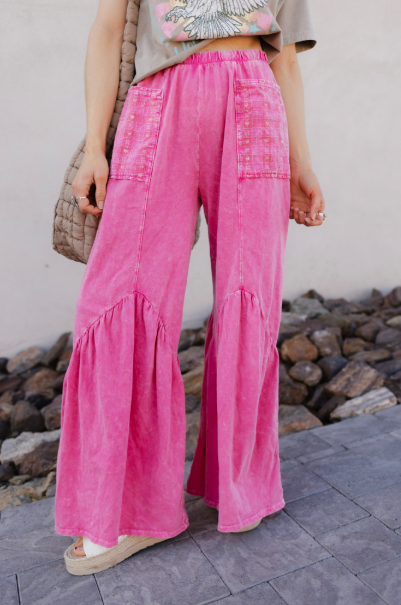 J.HER Mineral Washed Cotton Print Pocket Wide-Leg Flare Pants | S-XL-Pants-Krush Kandy, Women's Online Fashion Boutique Located in Phoenix, Arizona (Scottsdale Area)