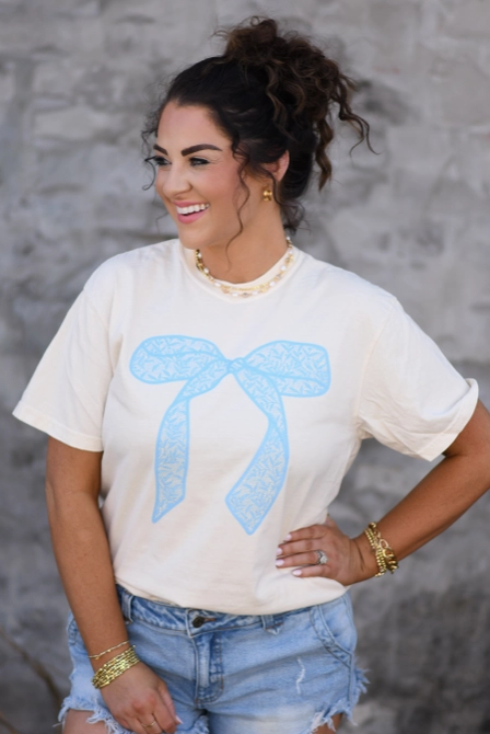 Lacy Blue Bow Graphic Tee-Graphic Tees-Krush Kandy, Women's Online Fashion Boutique Located in Phoenix, Arizona (Scottsdale Area)