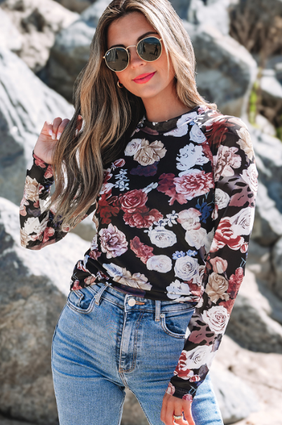 Pink Mesh Floral Print Mock Neck Long Sleeve Slim Top-Tops-Krush Kandy, Women's Online Fashion Boutique Located in Phoenix, Arizona (Scottsdale Area)