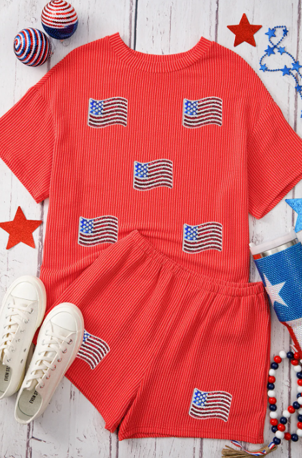 Glitter Flag Patched Short Set-2 Piece Outfit Sets-Krush Kandy, Women's Online Fashion Boutique Located in Phoenix, Arizona (Scottsdale Area)