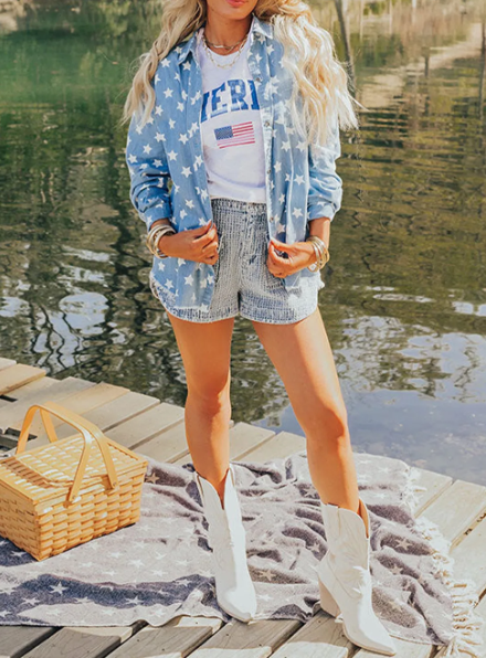 All-American Star Denim Button Down-Tops-Krush Kandy, Women's Online Fashion Boutique Located in Phoenix, Arizona (Scottsdale Area)