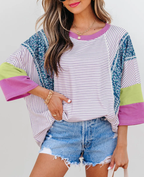 Whimsy in Color Patchwork Stripe Top-Tops-Krush Kandy, Women's Online Fashion Boutique Located in Phoenix, Arizona (Scottsdale Area)